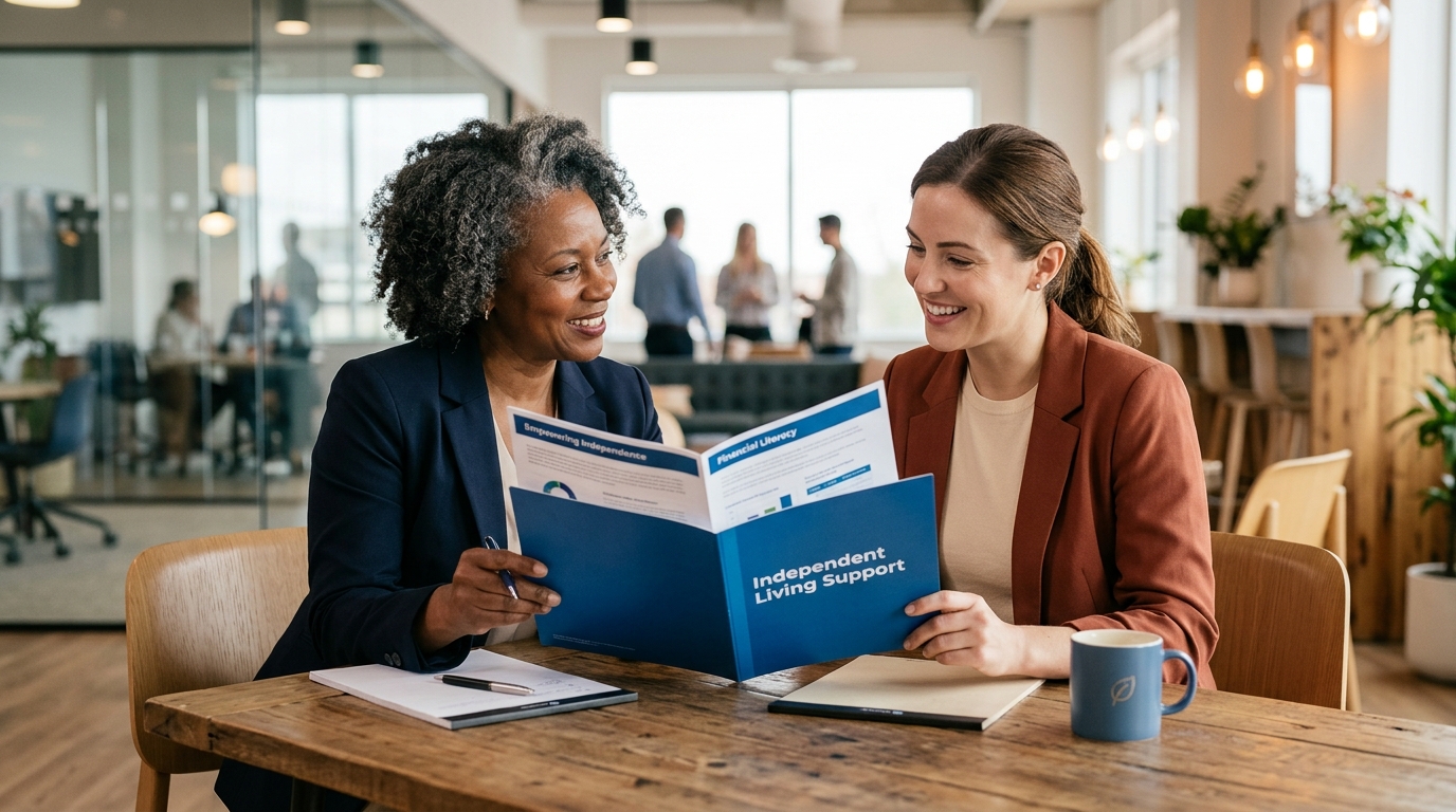 A caseworker and resident reviewing an independent living support and financial literacy plan