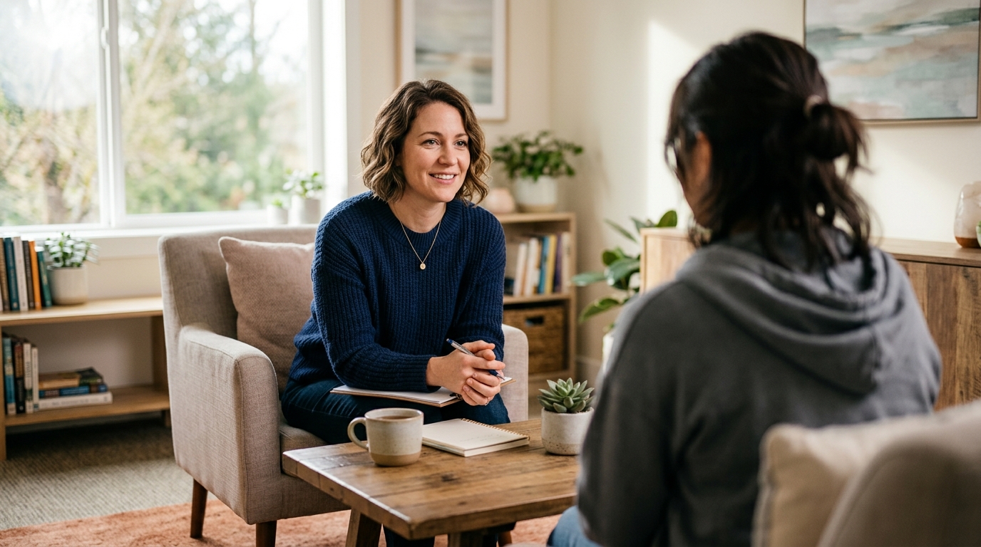 A supportive one-to-one wellbeing conversation between a keyworker and resident