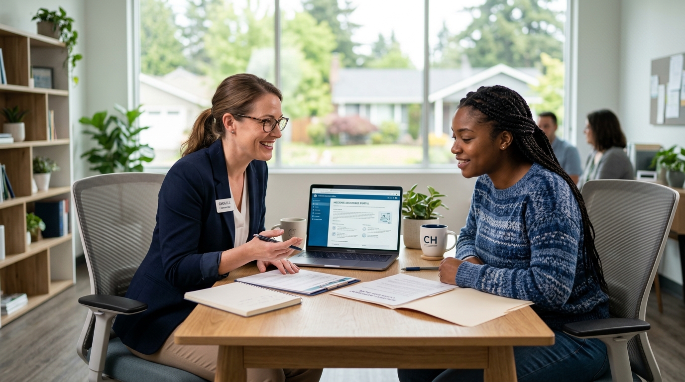 A caseworker meeting with a resident to review move-on and tenancy paperwork