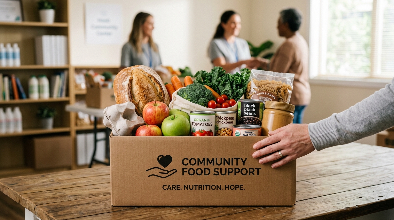 A packed emergency food parcel box full of fresh produce, bread, and pantry staples, with volunteers in the background
