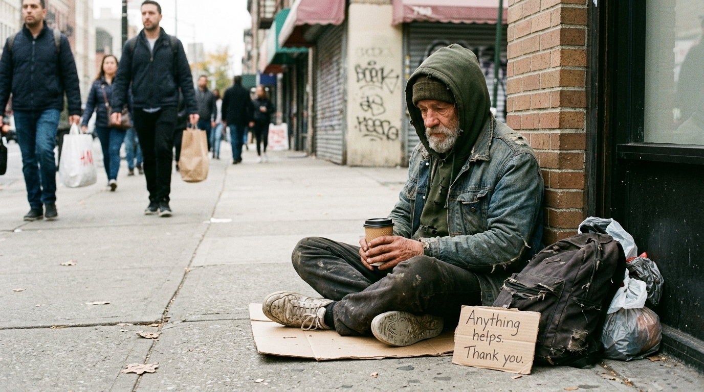 A man experiencing homelessness sitting on a city pavement with a sign reading 'Anything helps, thank you'