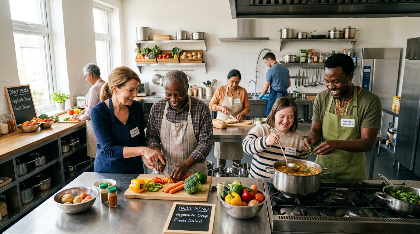 Volunteers and residents preparing a shared meal together in a community kitchen