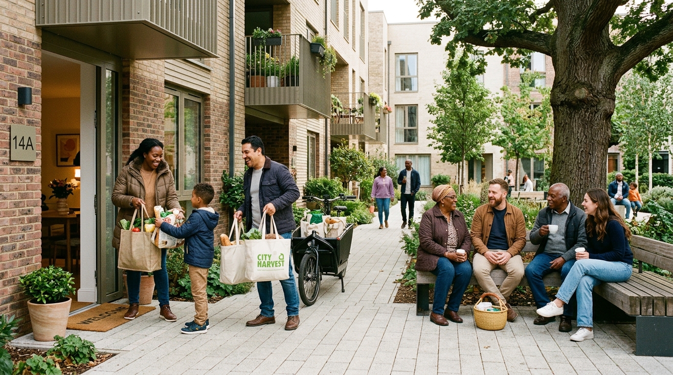Residents and neighbours spending time together in a shared community garden
